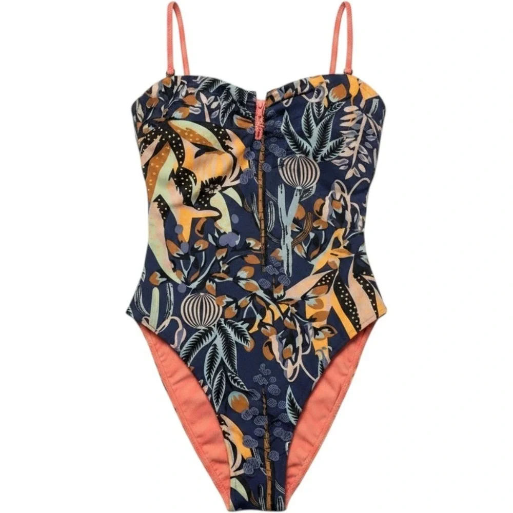 Maaji Swimsuit Reversible One Piece Pink Textured Blue Coral Ocean Print L Beach
